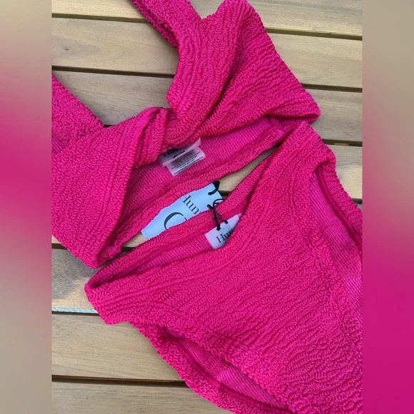 Hunza G Juno Two Piece Crinkle Bikini Swim Set Raspberry Pink NWT OS - Picture 7 of 16
